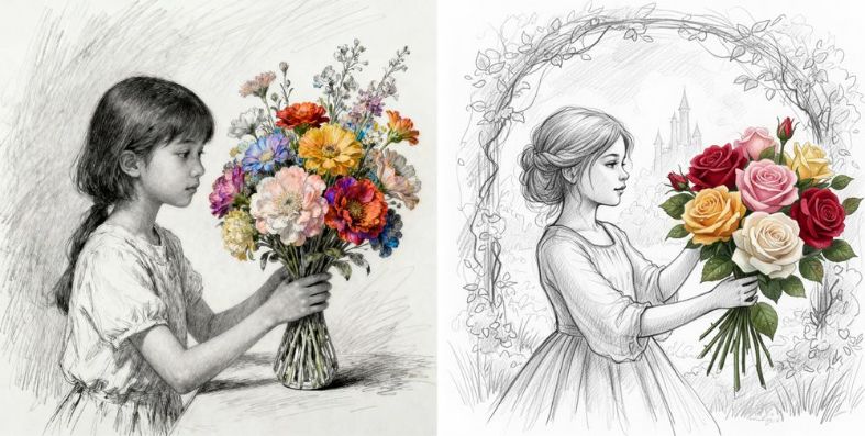 Surreal Interaction Scene with Pencil Sketch and Realistic Color: A Case Study with Seedream and Nano Banana