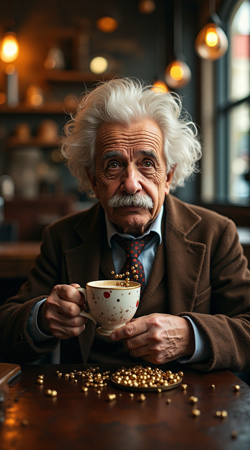 Einstein In Steampunk Cafe With E Equals Mc2 Coffee