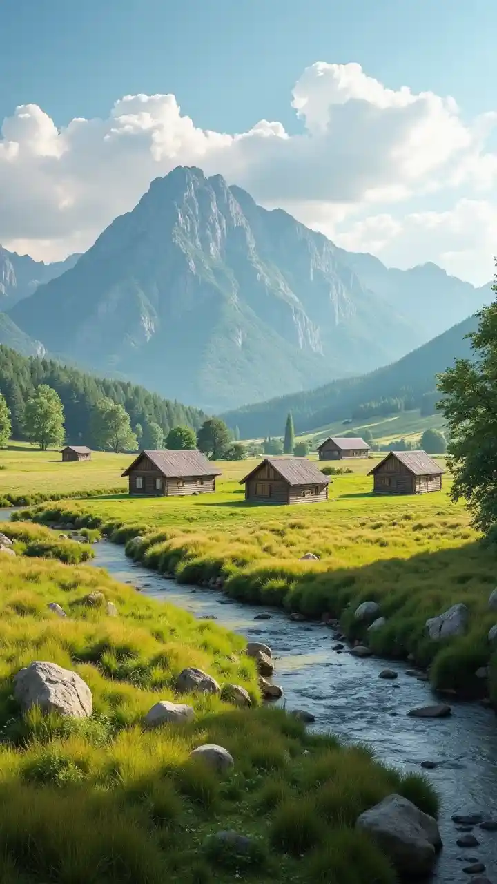 cottages field mountains