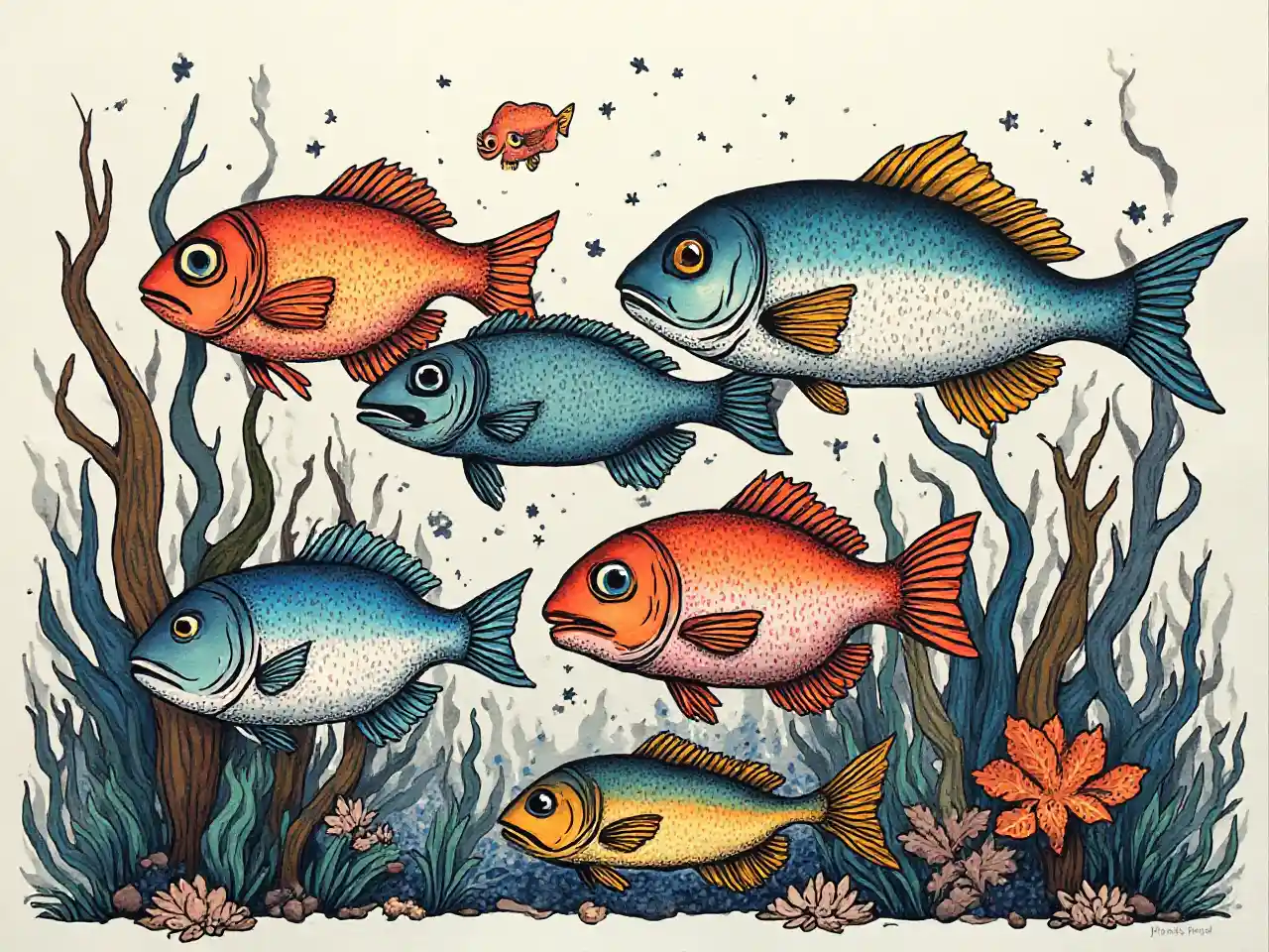 Poisson coloré et algues art