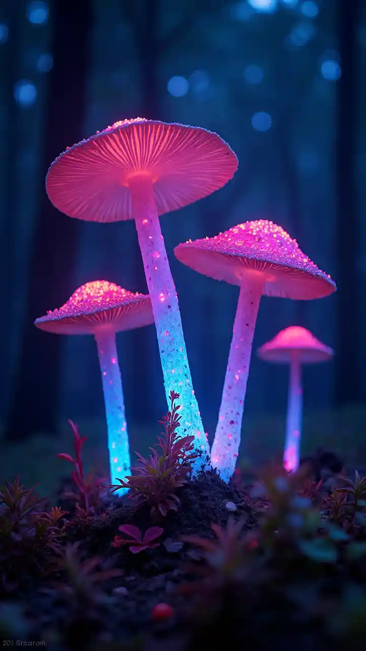 Champignons noirs abstraits psychédéliques fluorescents