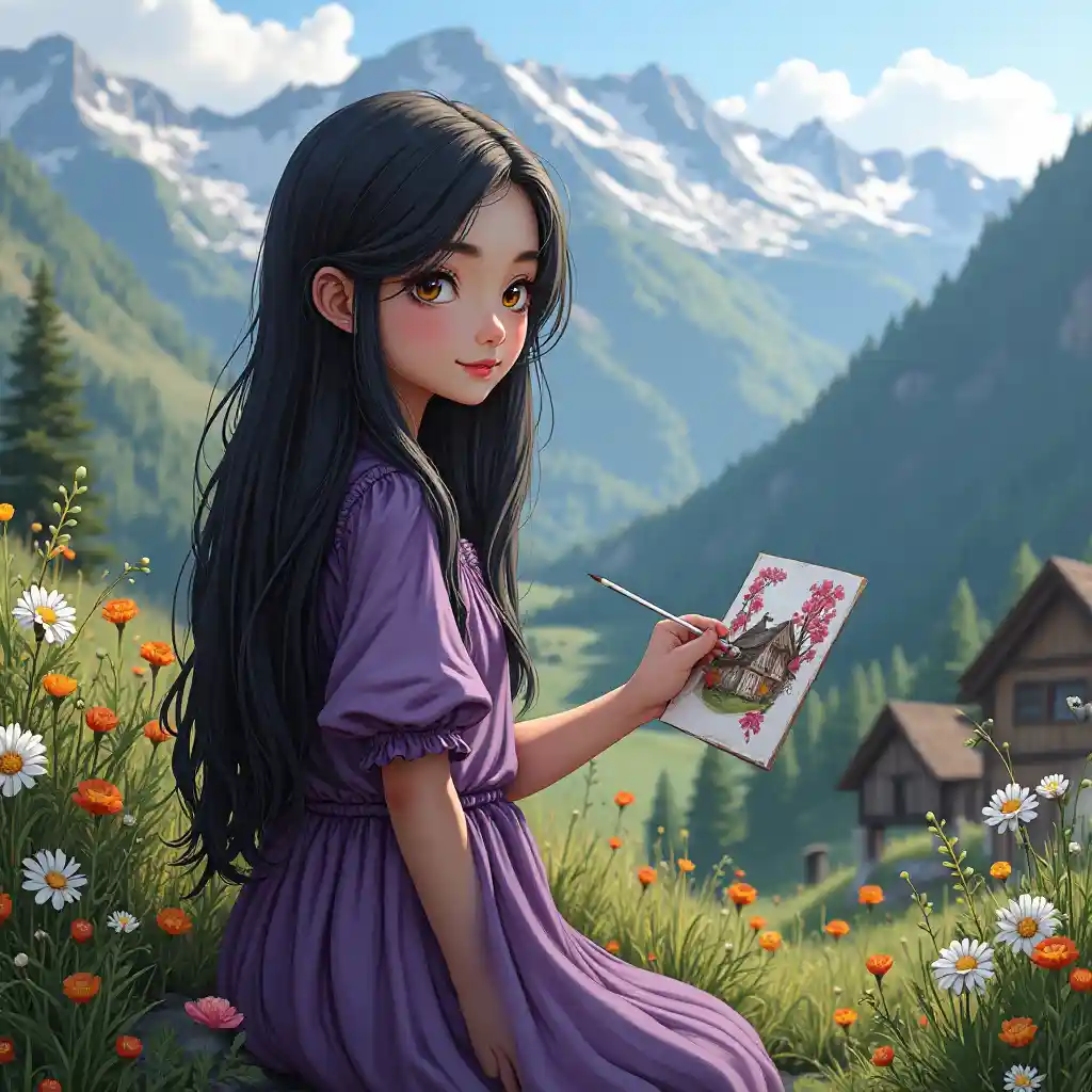 Girl Painting Mountain Scene