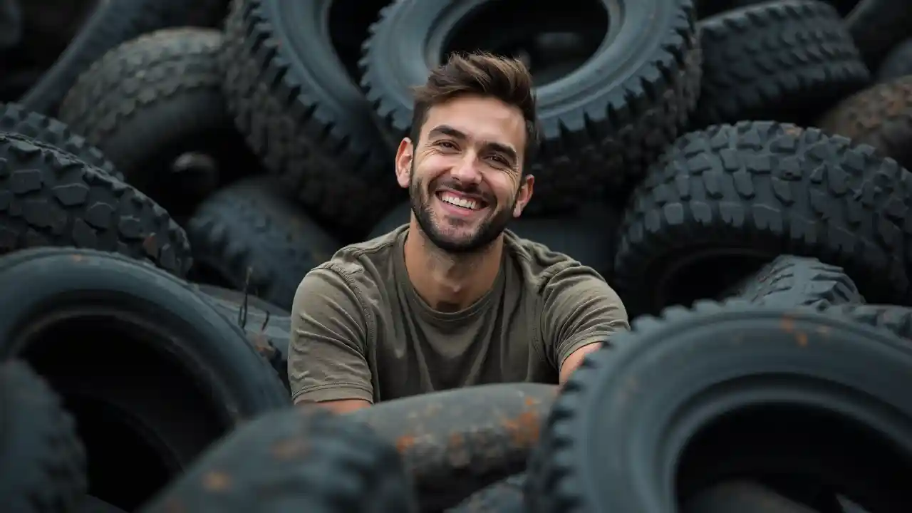 Человек в куче шин