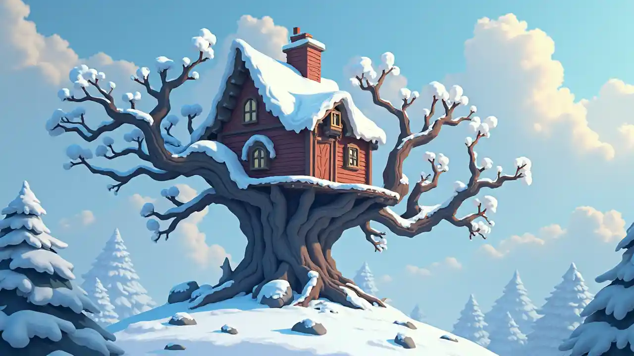 Rumah pohon bersalju untuk kurcaci