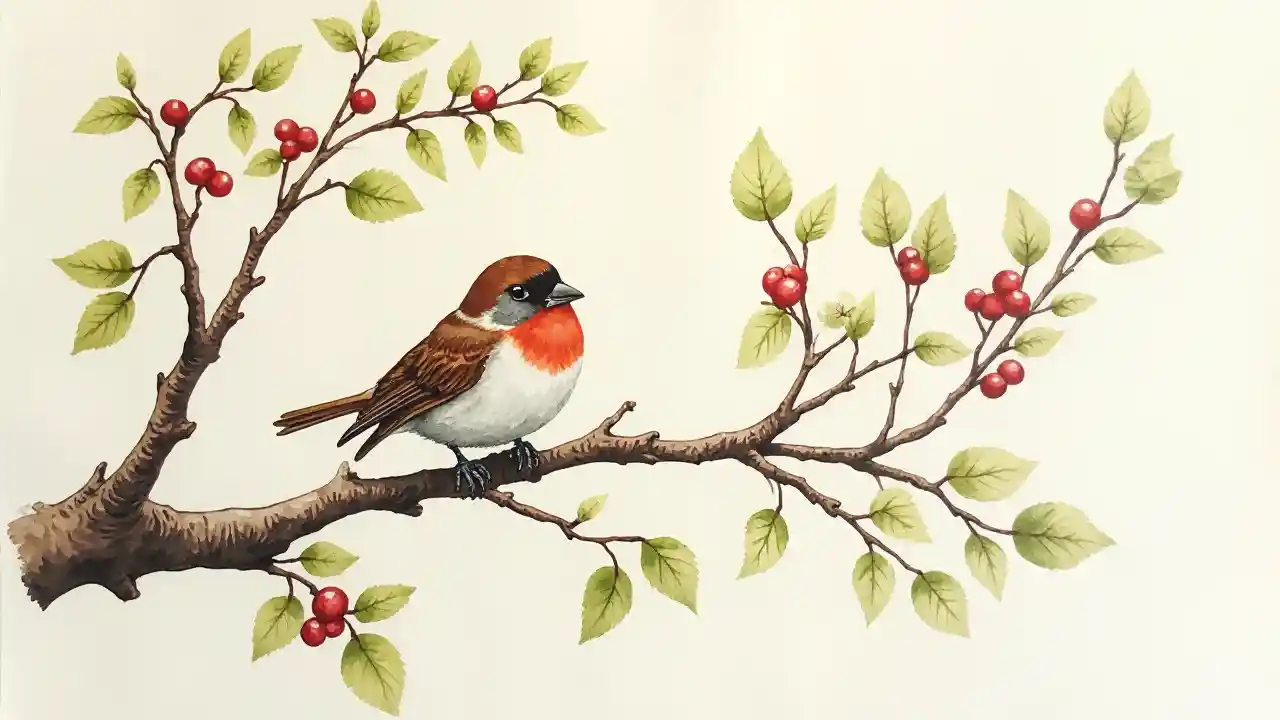 スズメ羅文樹水彩画 