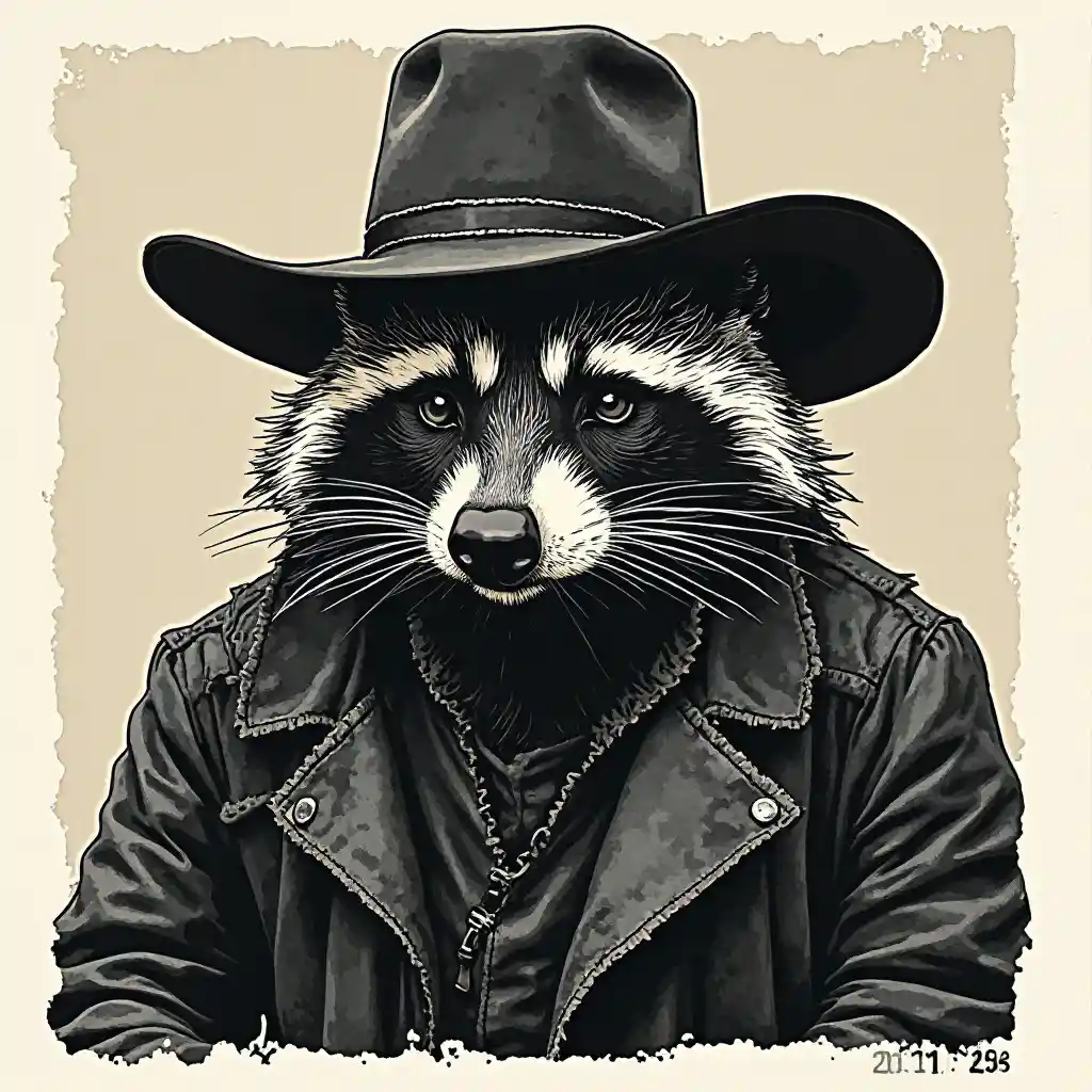 Linocut Raccoon Cowboy