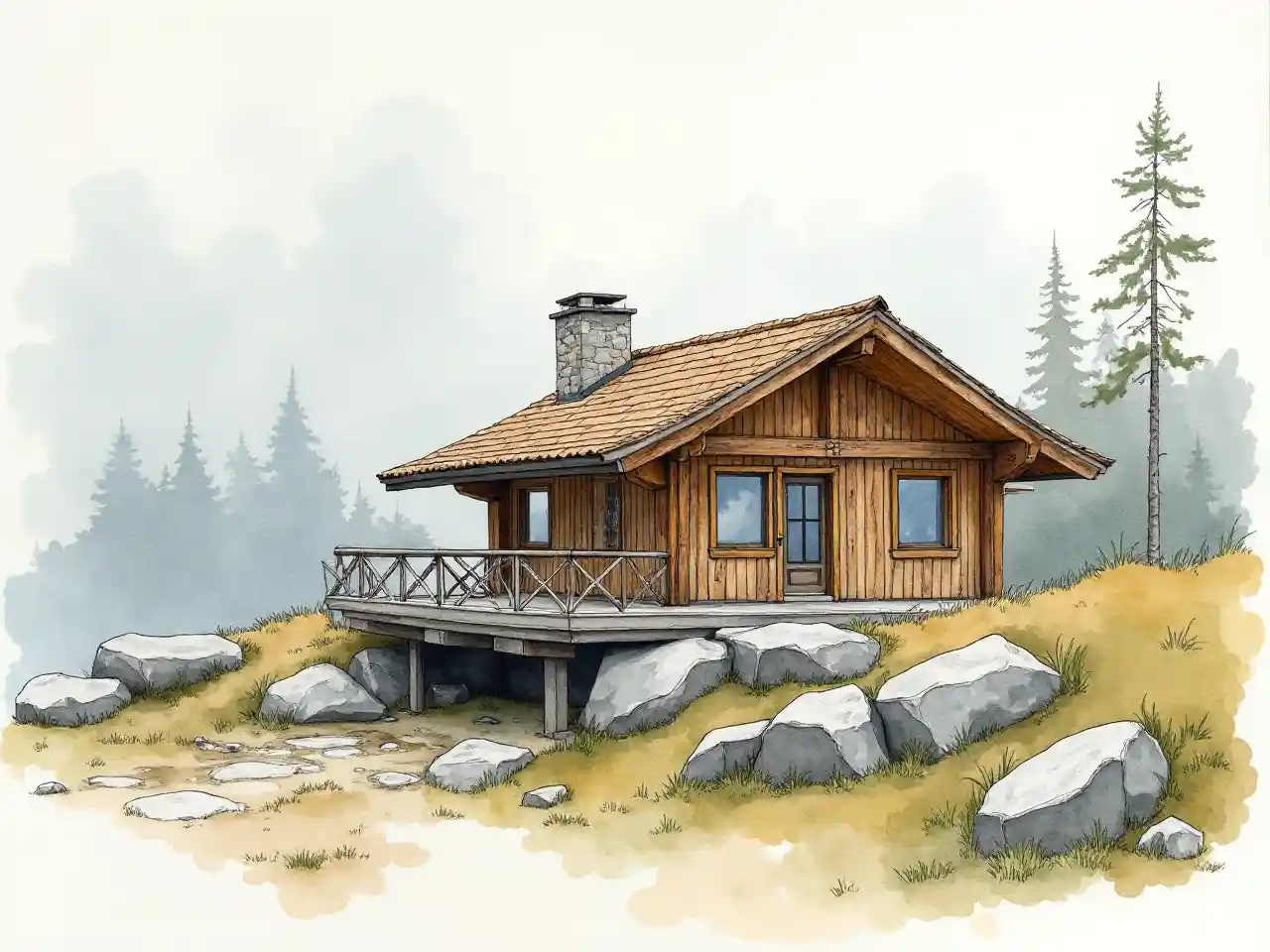 Sketch Watercolor ya Nyumba ya Mbao