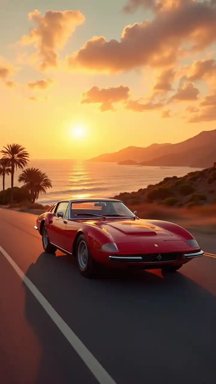 Röd Ferrari GTO Malibu Sunset