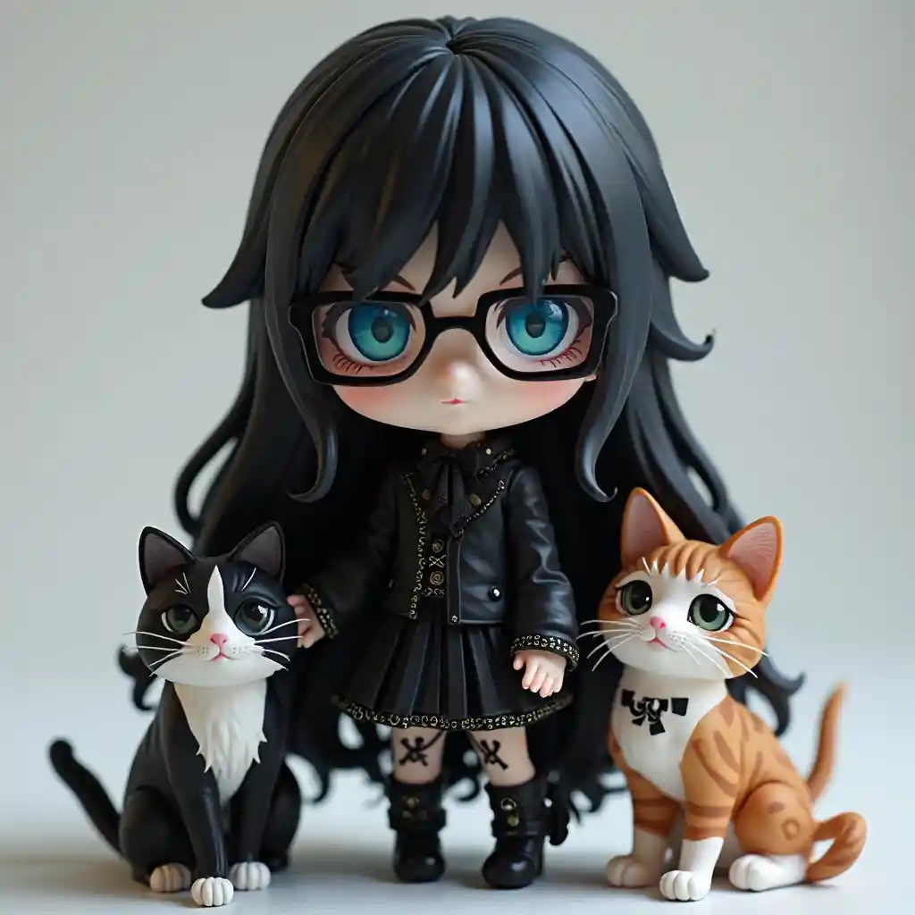 Goth Nendoroid with cats and glasses
