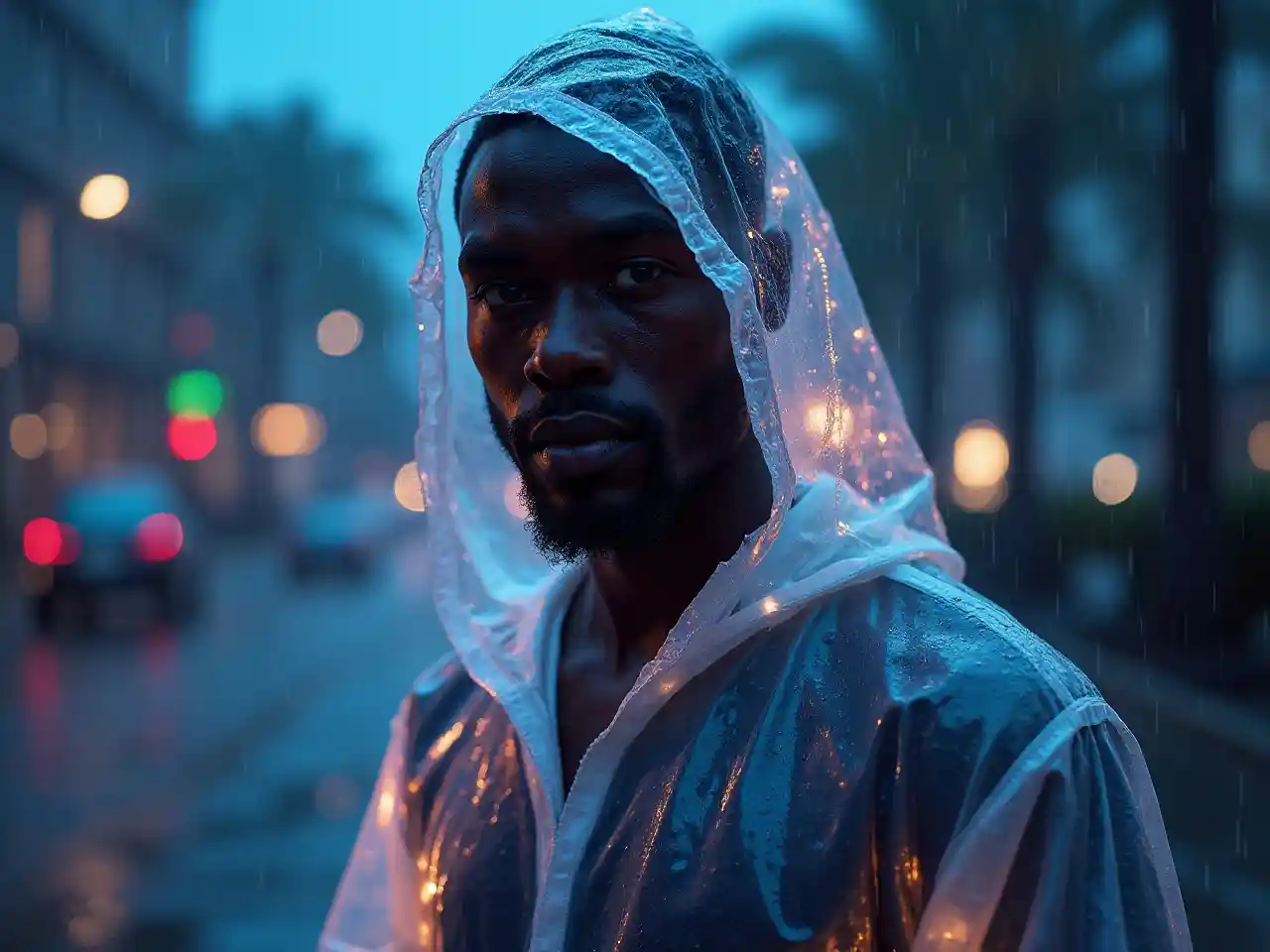 Uomo impermeabile luci al neon realisti