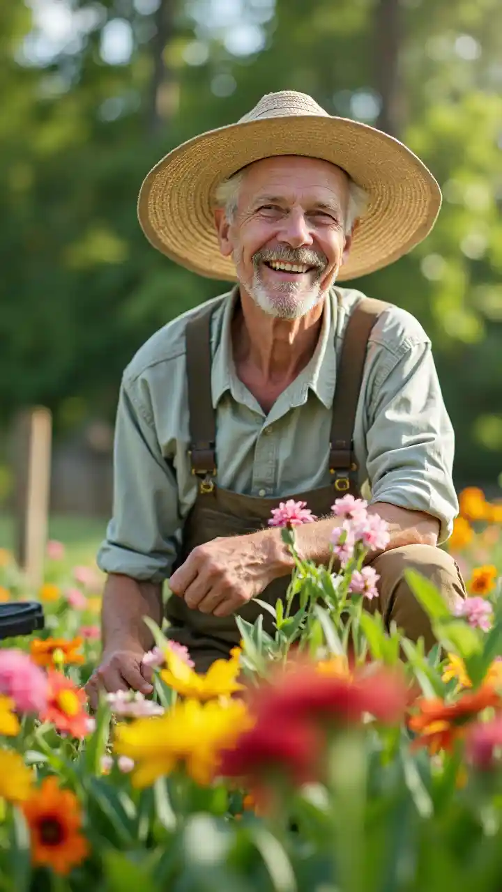 Un giardiniere anziano felice
