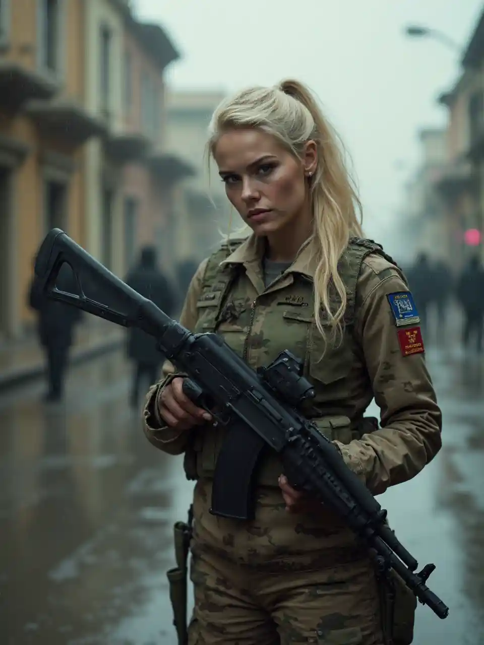Blonde Woman Military Uniform AK-74