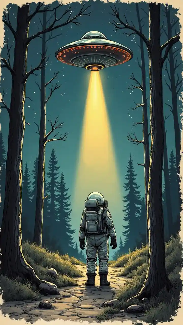 Astronaut UFO Vintage Sketch Art