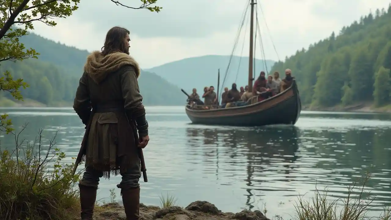 Escena del río vikingo