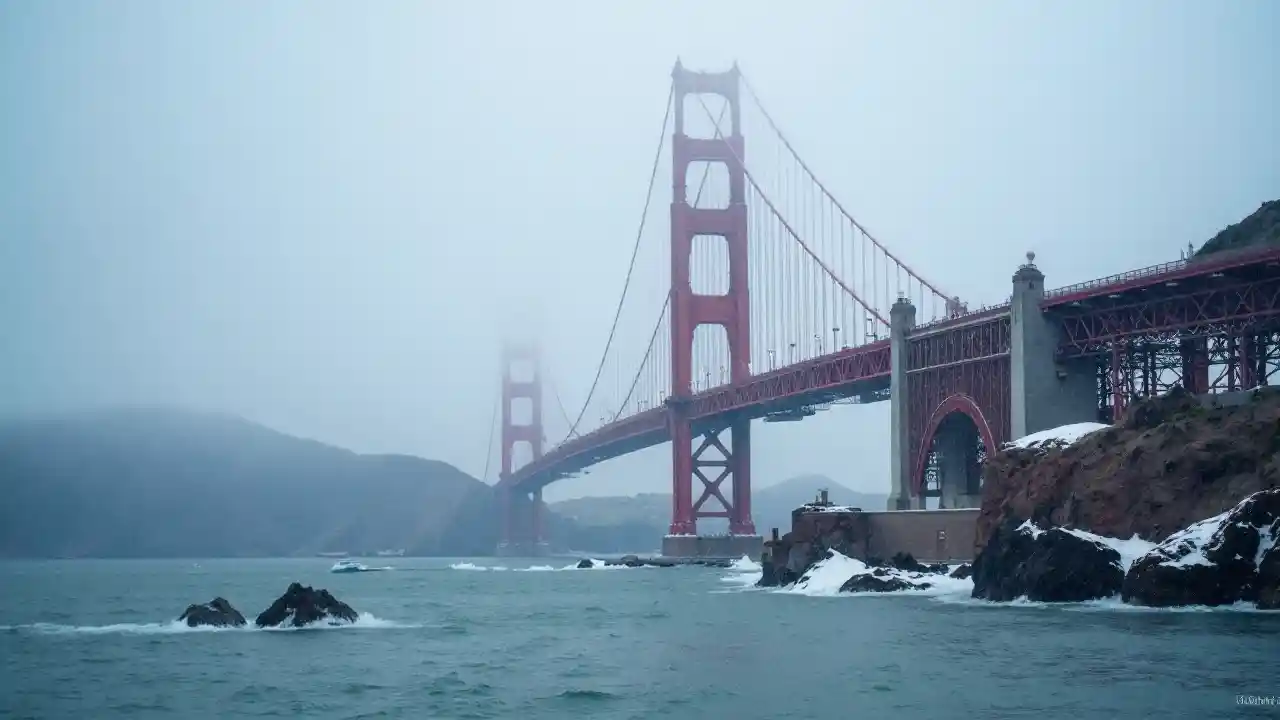 金门大桥在一片风雪交加的风雨交加景象中, image size:1280x720