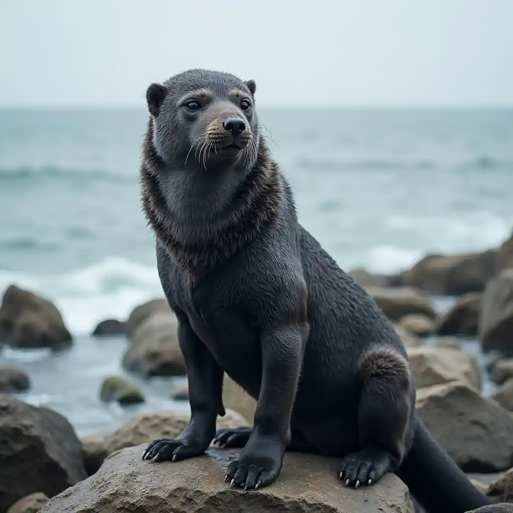 A Dark Gray Hybrid of Seal and Wolf by the Ocean