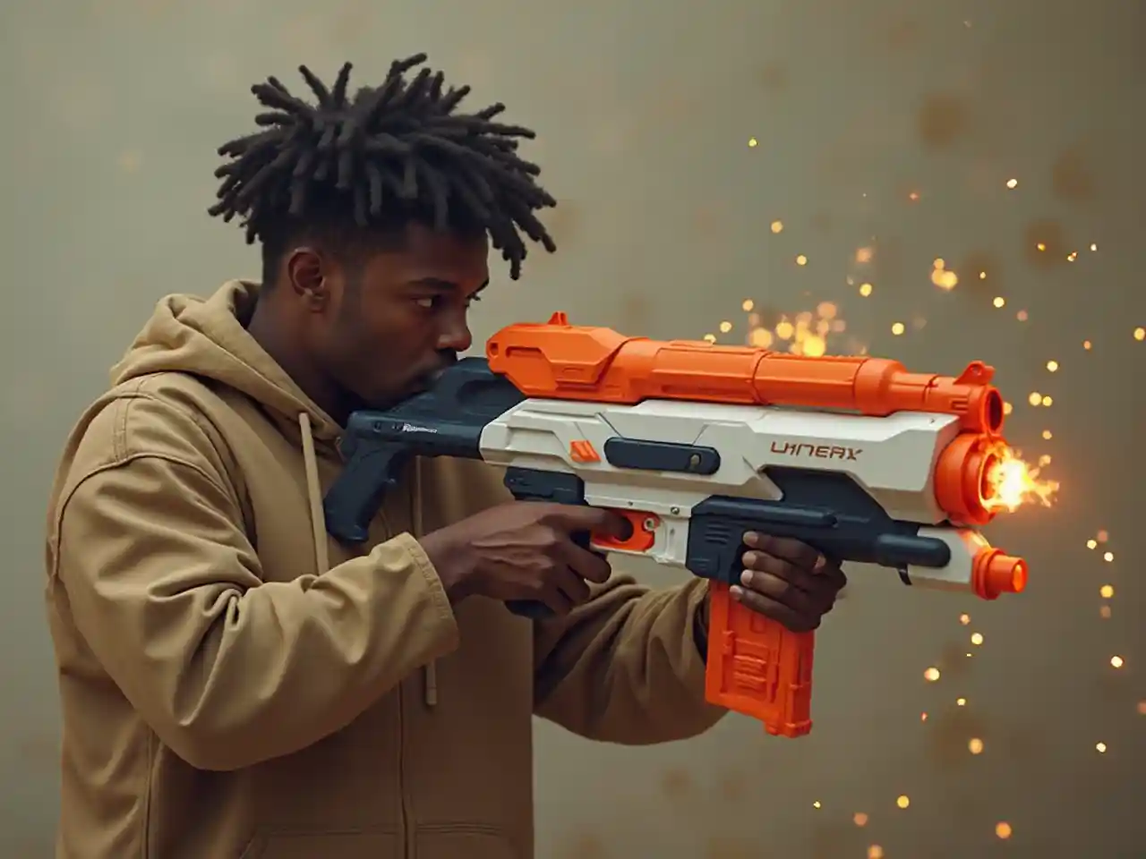 Epic Battle Scene Featuring A Black Man With Nerf Gun