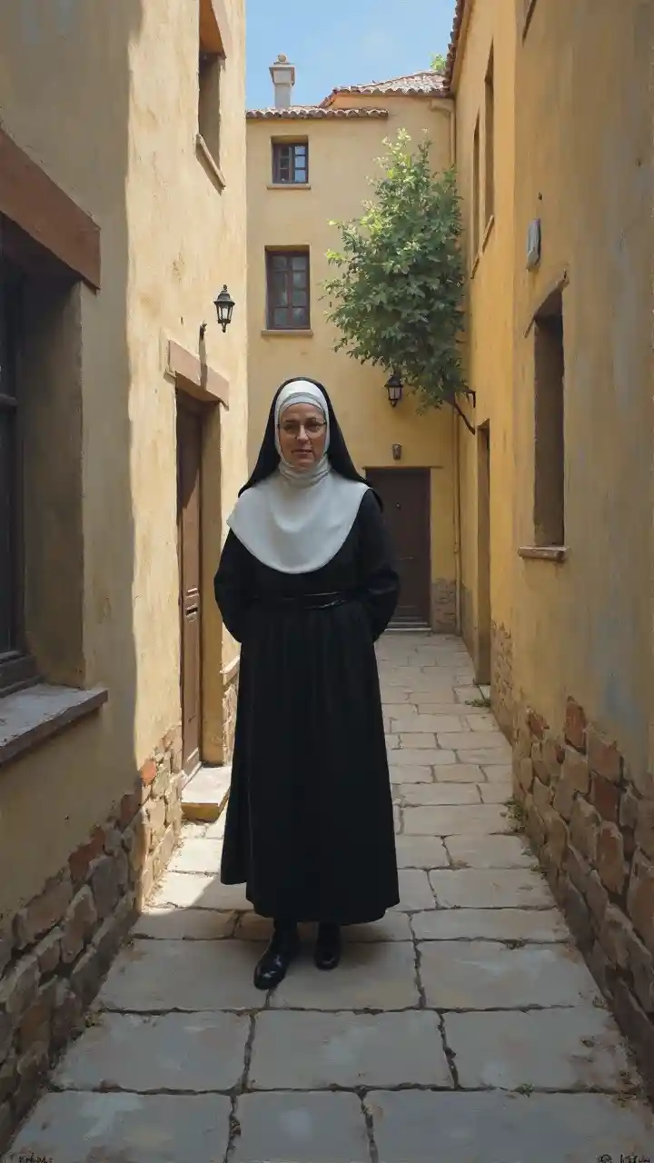 Impressionist Oil Painting Depicting a Nun in Courtyard