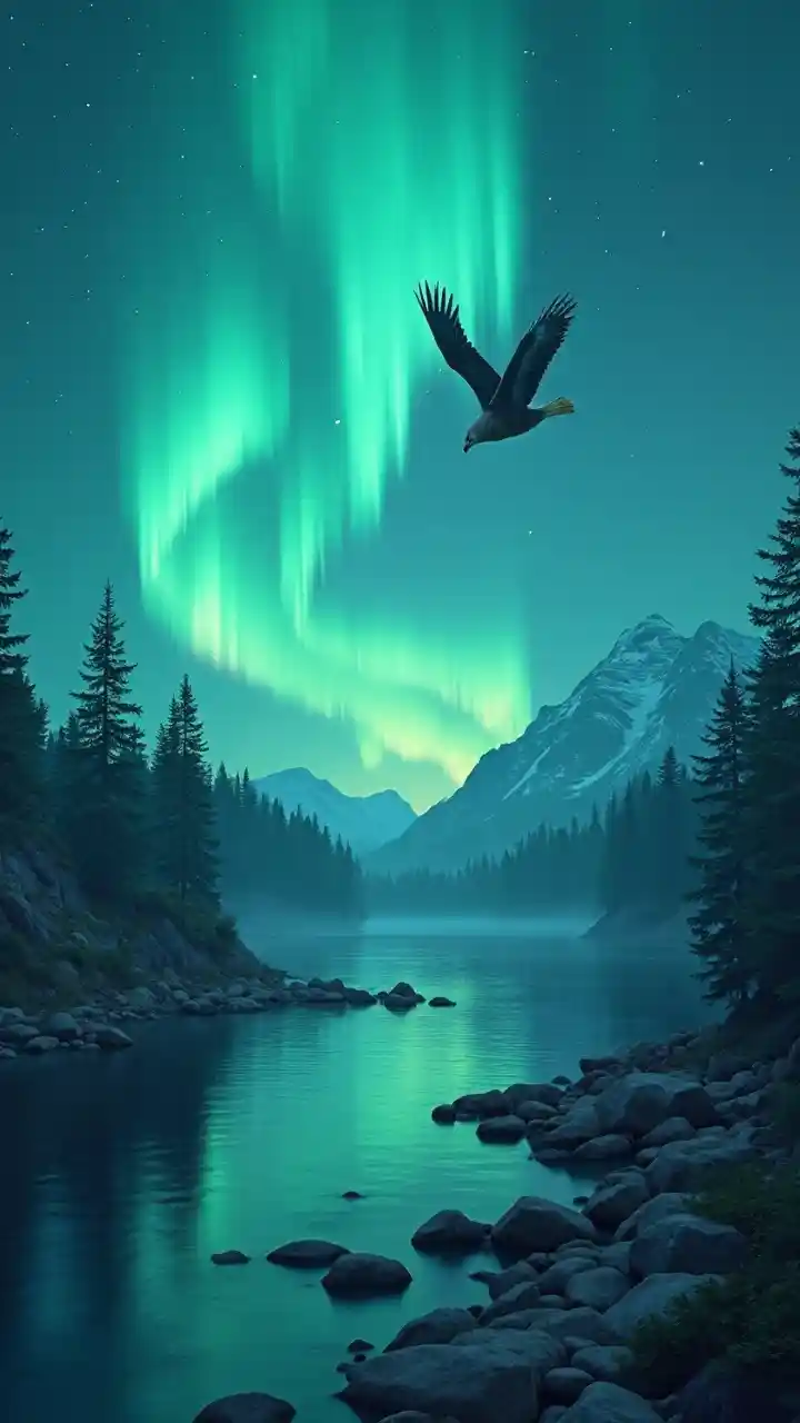 Majestic Aurora Lights Dancing Over The River
