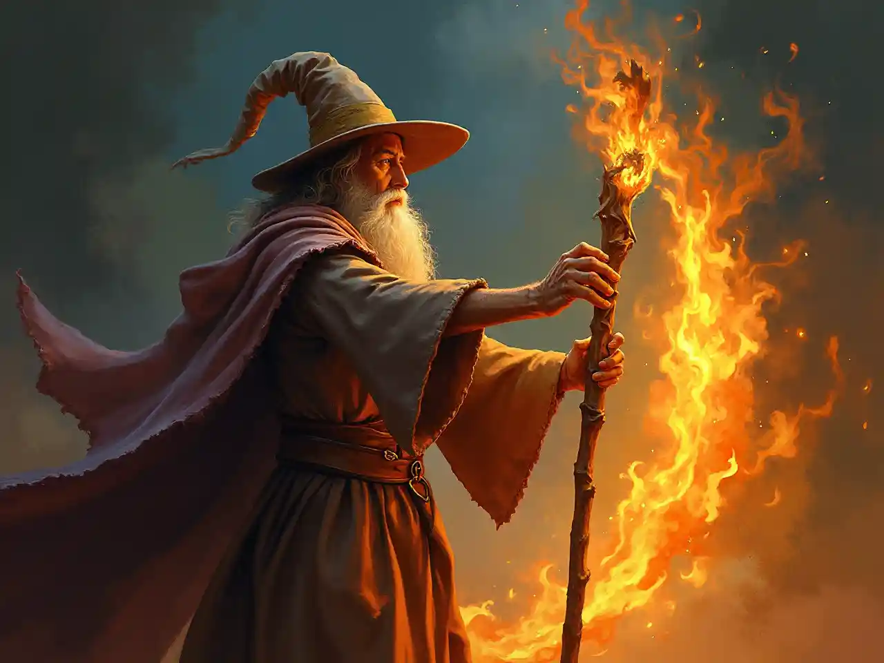 Dramatic Painting of a Wizard Casting Fire Spells