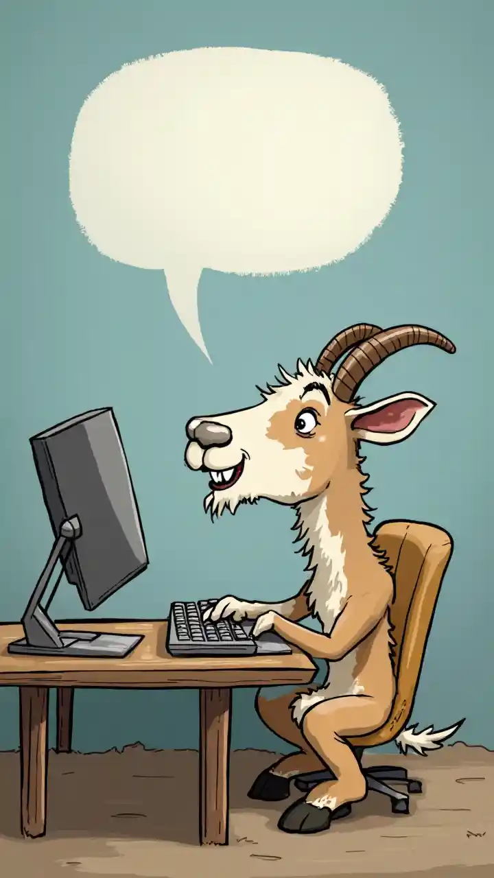 A Curious Goat Engaged in Computer Usage with Speech Bubble