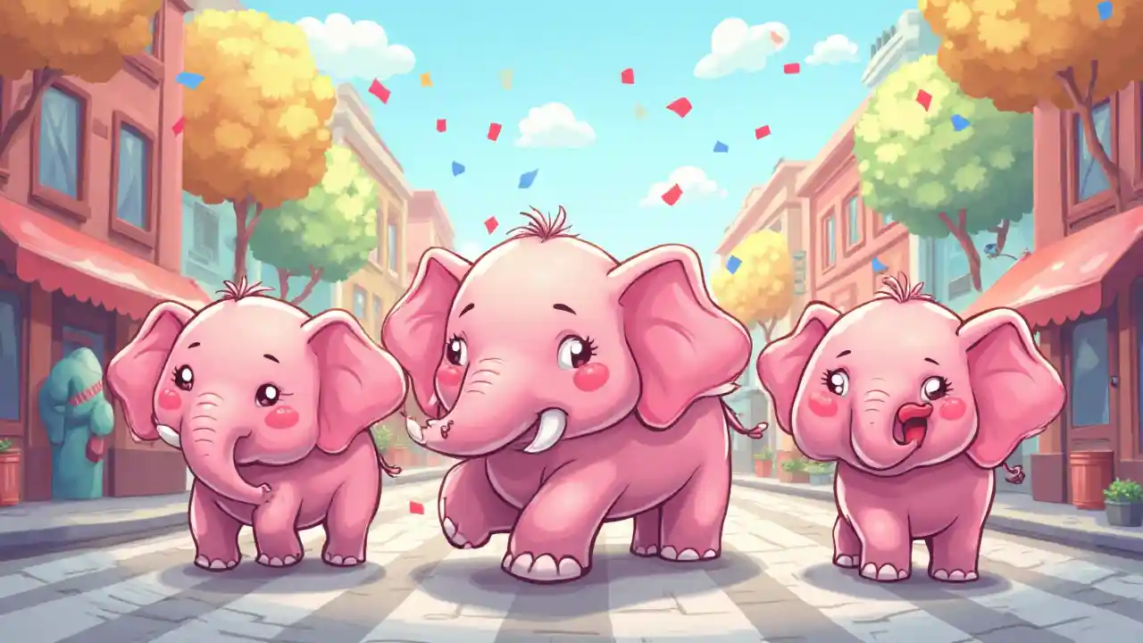 En levende parade av rosa elefanter i tegneserie stil, image size:1280x720
