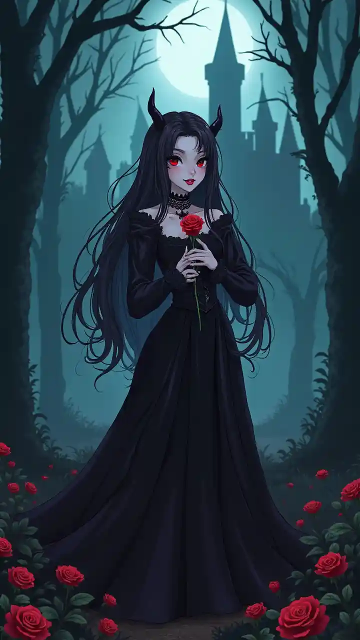 فتاة مصاصة الدماء القوطية تحمل الورود في الغابة المظلمة, image size:720x1280