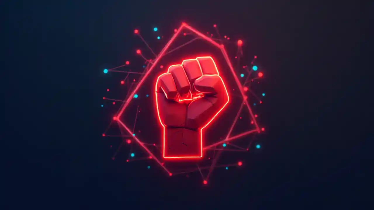 Stylized Low-Poly Red Fist Icon Surrounded by Geometric Shapes