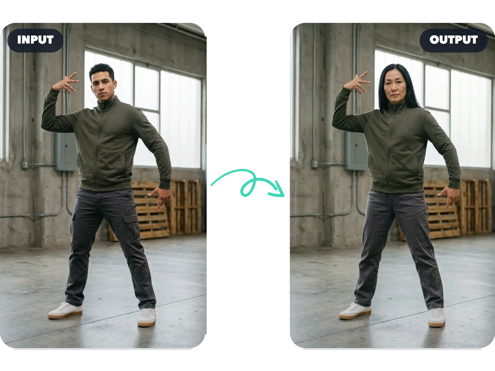 Samme pose med AI motion transfer