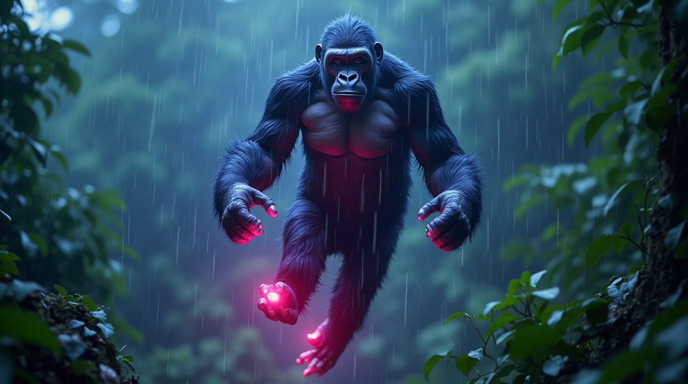 Vihreä gorilla sateessa