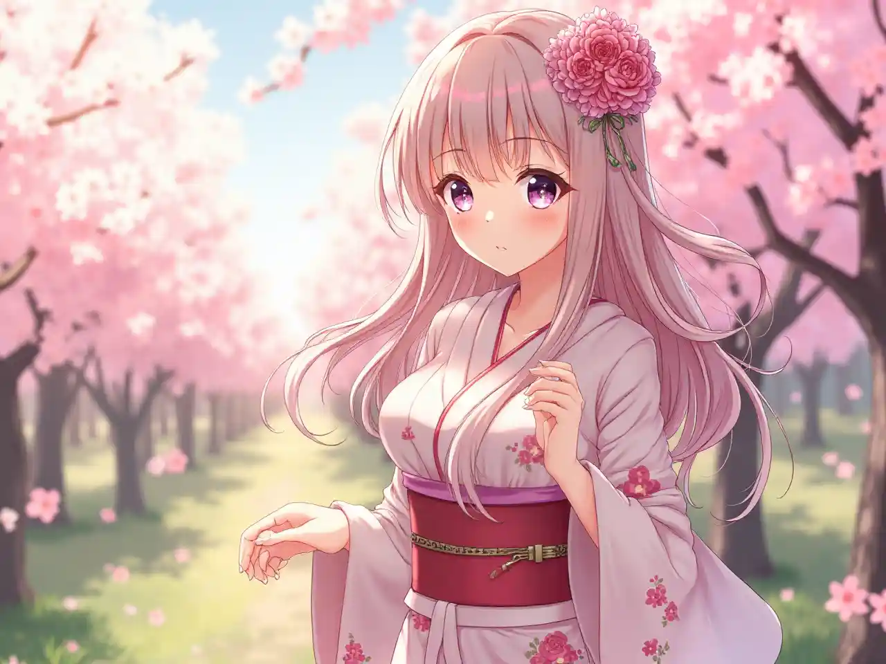Anime Girl Kimono Cherry Blossom