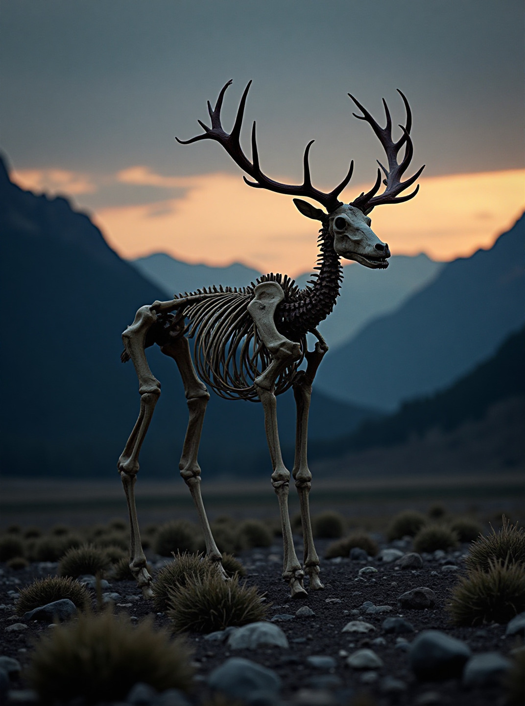 Elgskelett i ödemarken vid skymningen