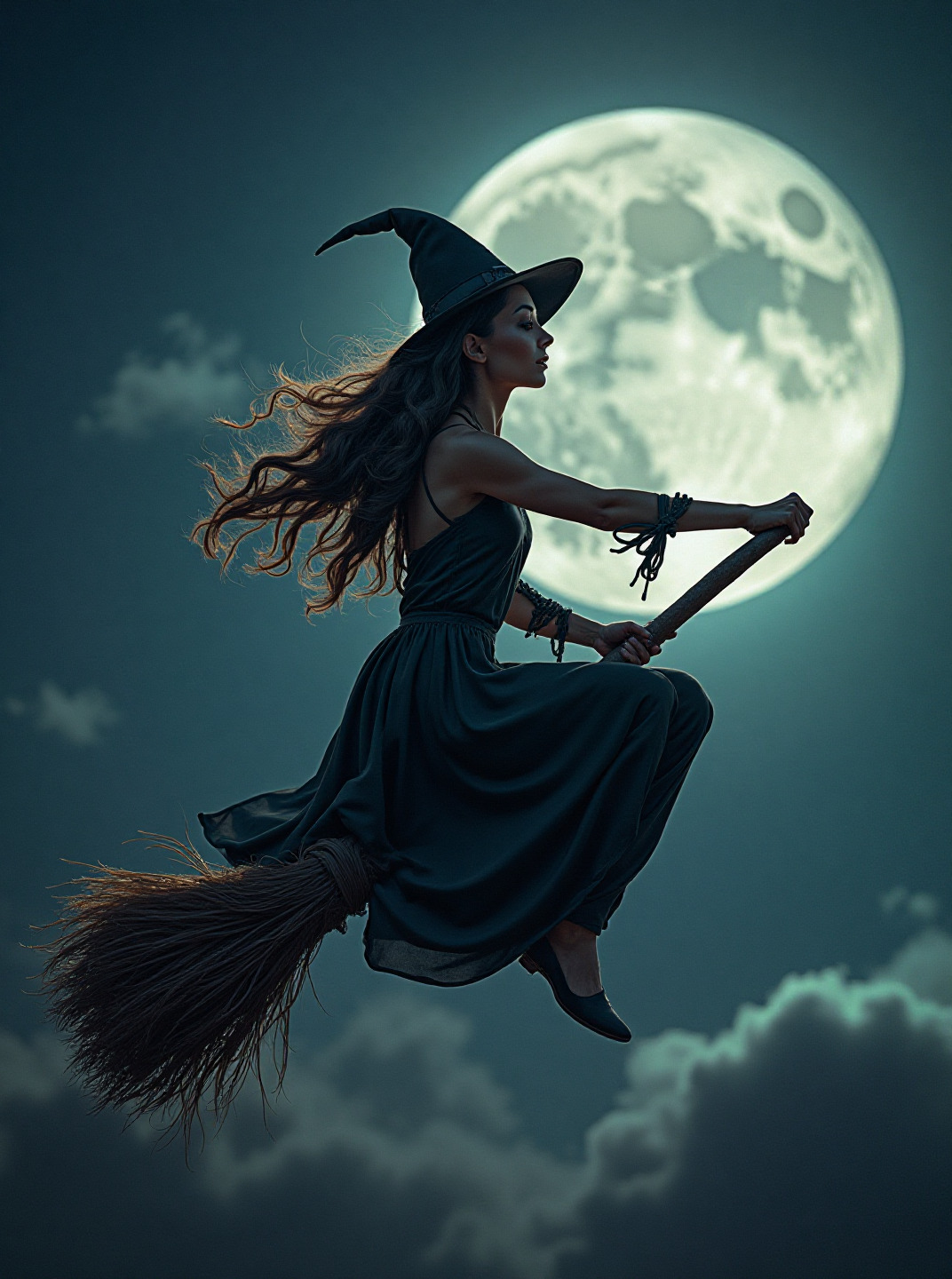 Balayeur volant sorcier pleine lune ciel nocturne