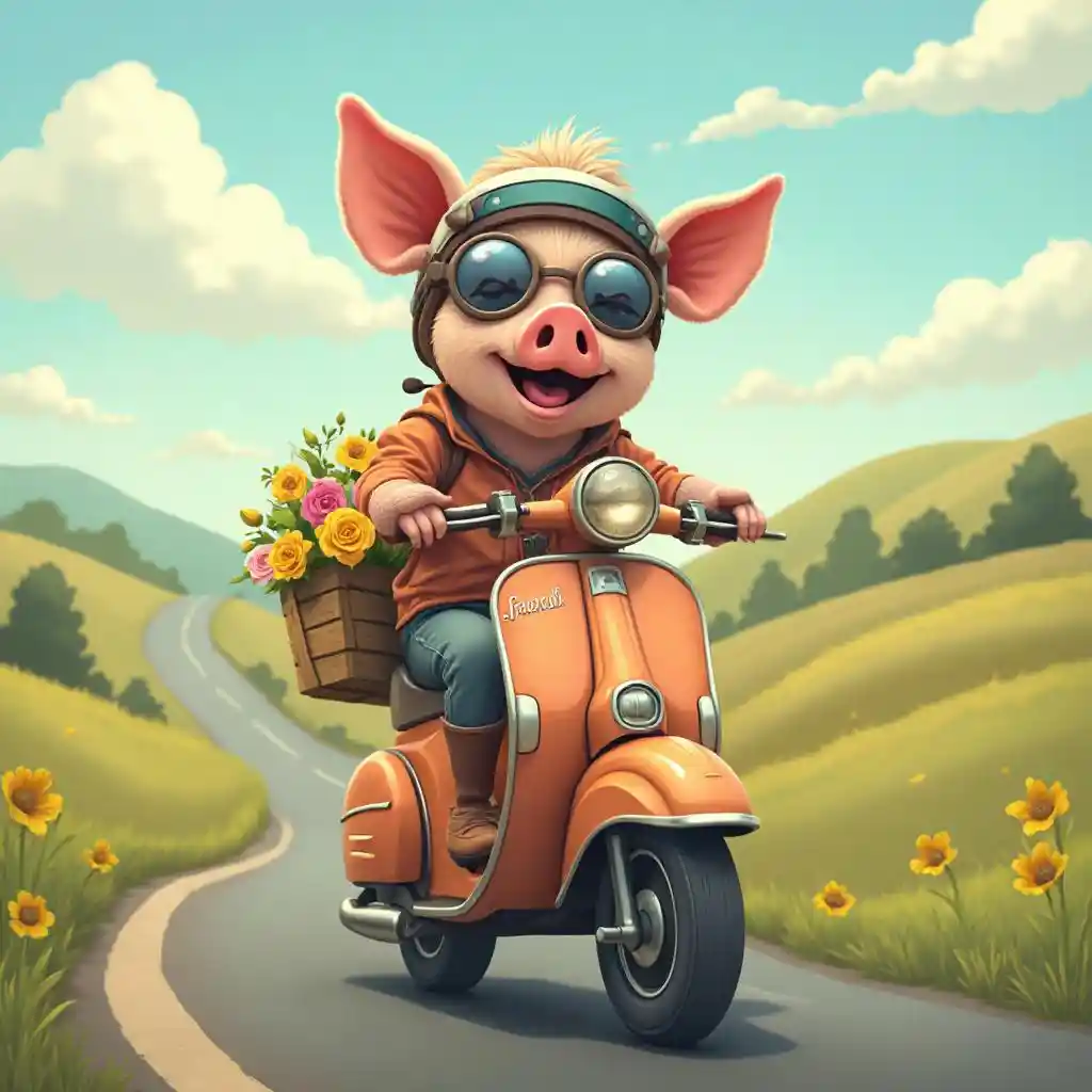 Свинья на мотороллере