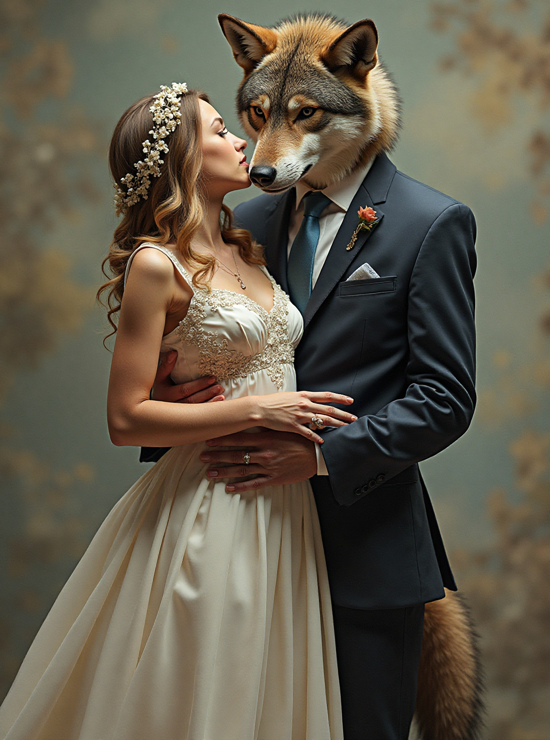 Gentlemanly Wolf In Suit Holding Woman Pastel Colors