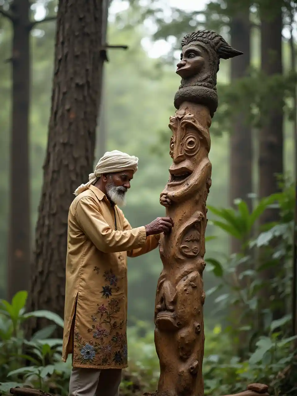 Totemschnitzereien im Wald