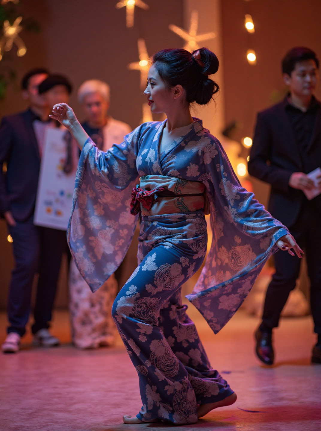 Kimono Mwanamke Dancing Katika Matumbawe Na Starfish Stage