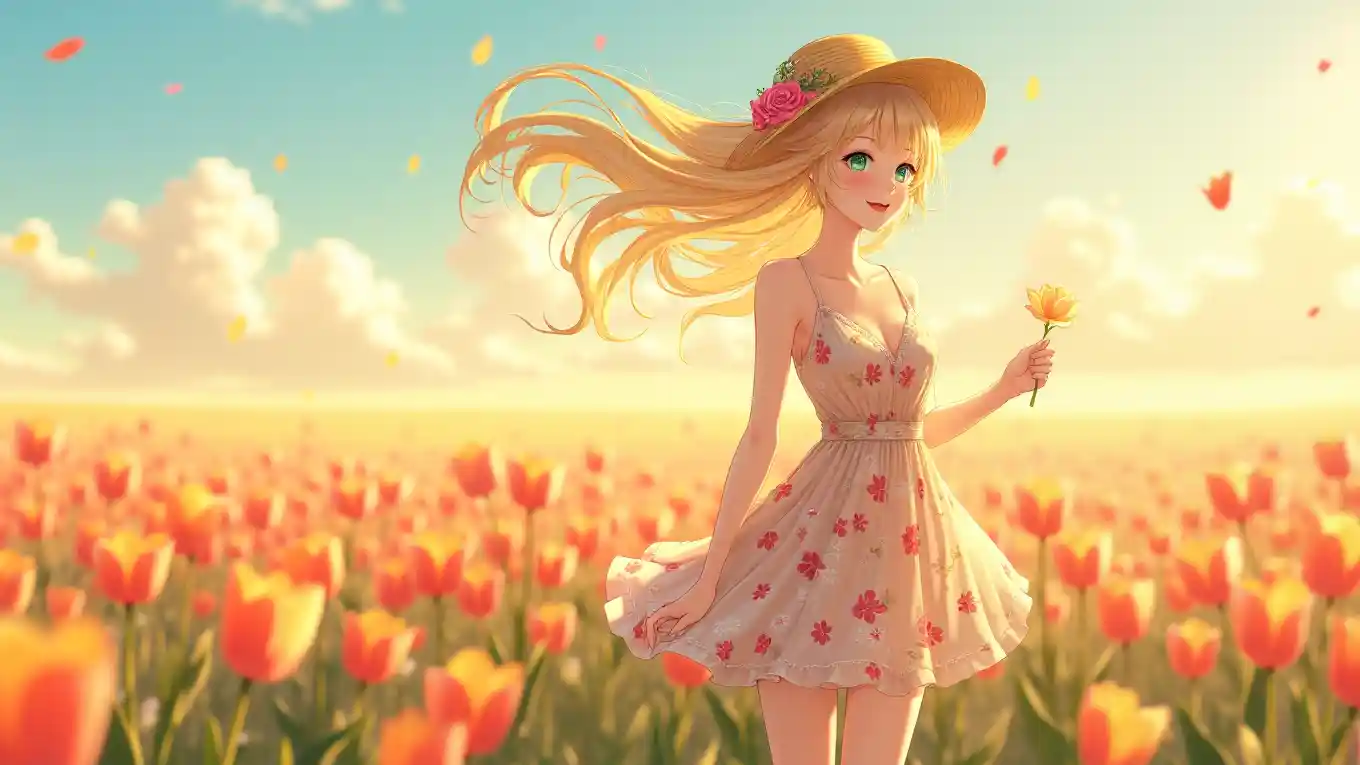 Anime Girl Tulip Field
