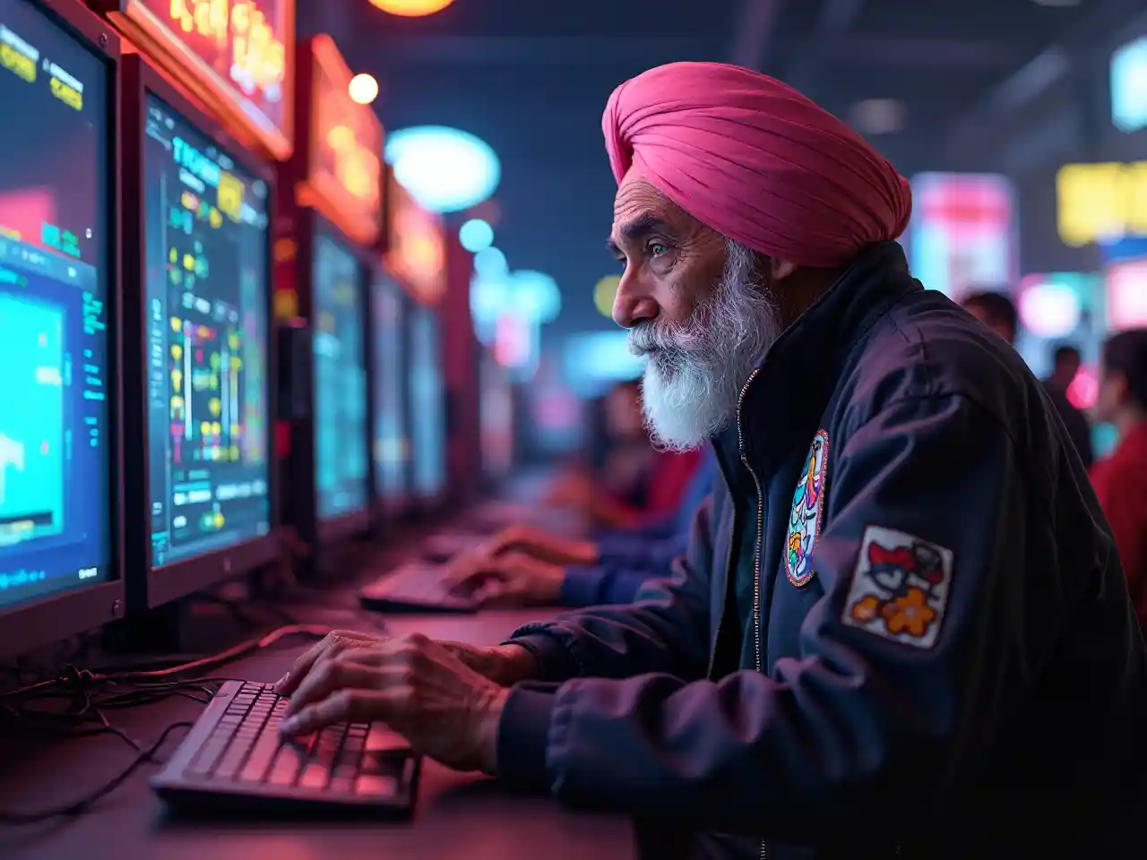 Elderly Coder Neon Arcade