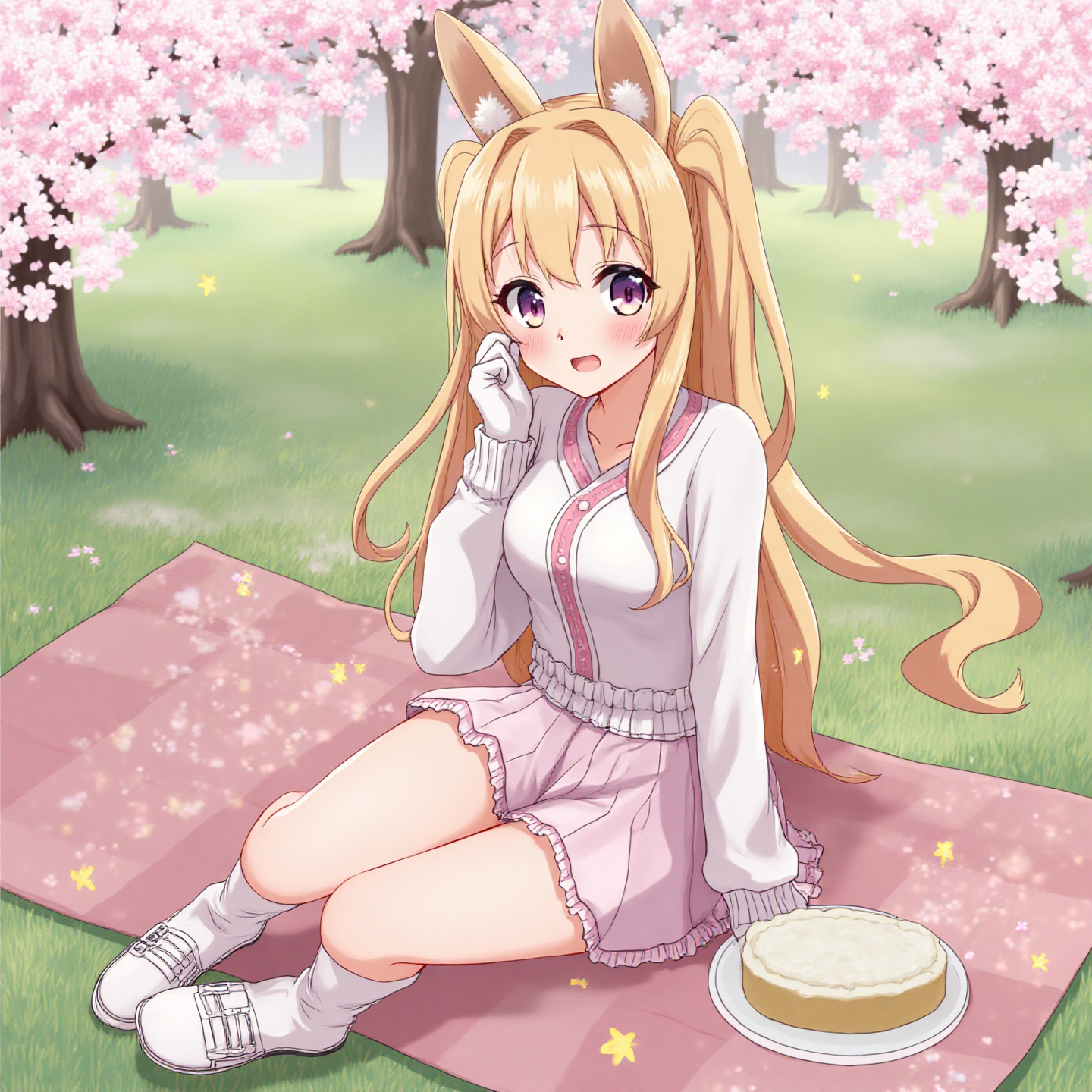 Πικνίκ ξανθού κάτω από ανθό κερασιού