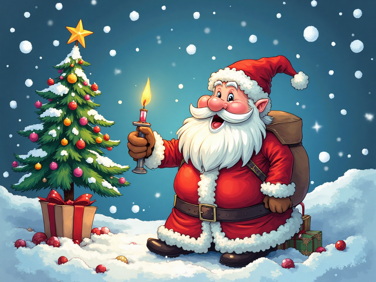 Tegneserie julenissen med juletrær og alver, image size:1280x960