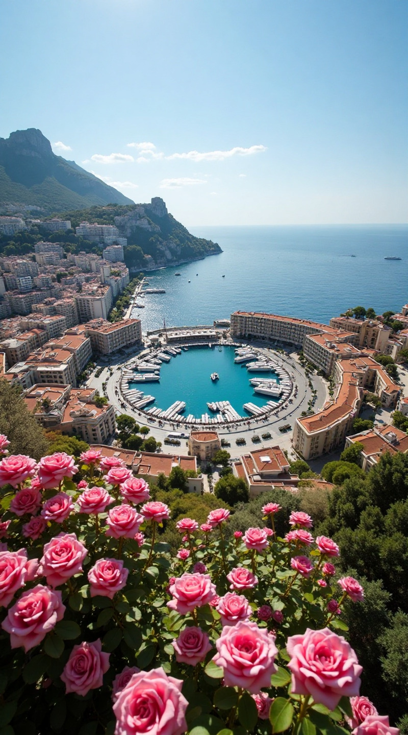 Monaco urbana utsikt med hav och rosa rosor