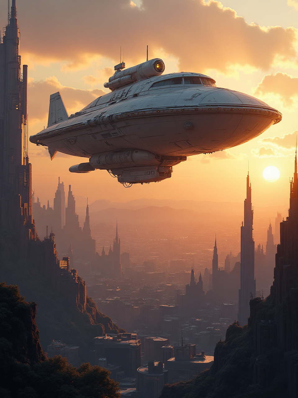 空の肖像 一座未来城市上空的大型科幻飞船