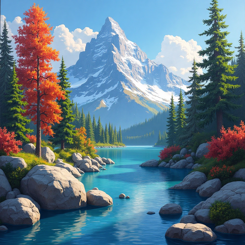 雄大な山と川の絵と活気に満ちた自然