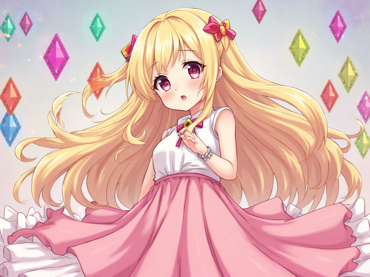 長い金髪のエネルギッシュなアニメキャラクター