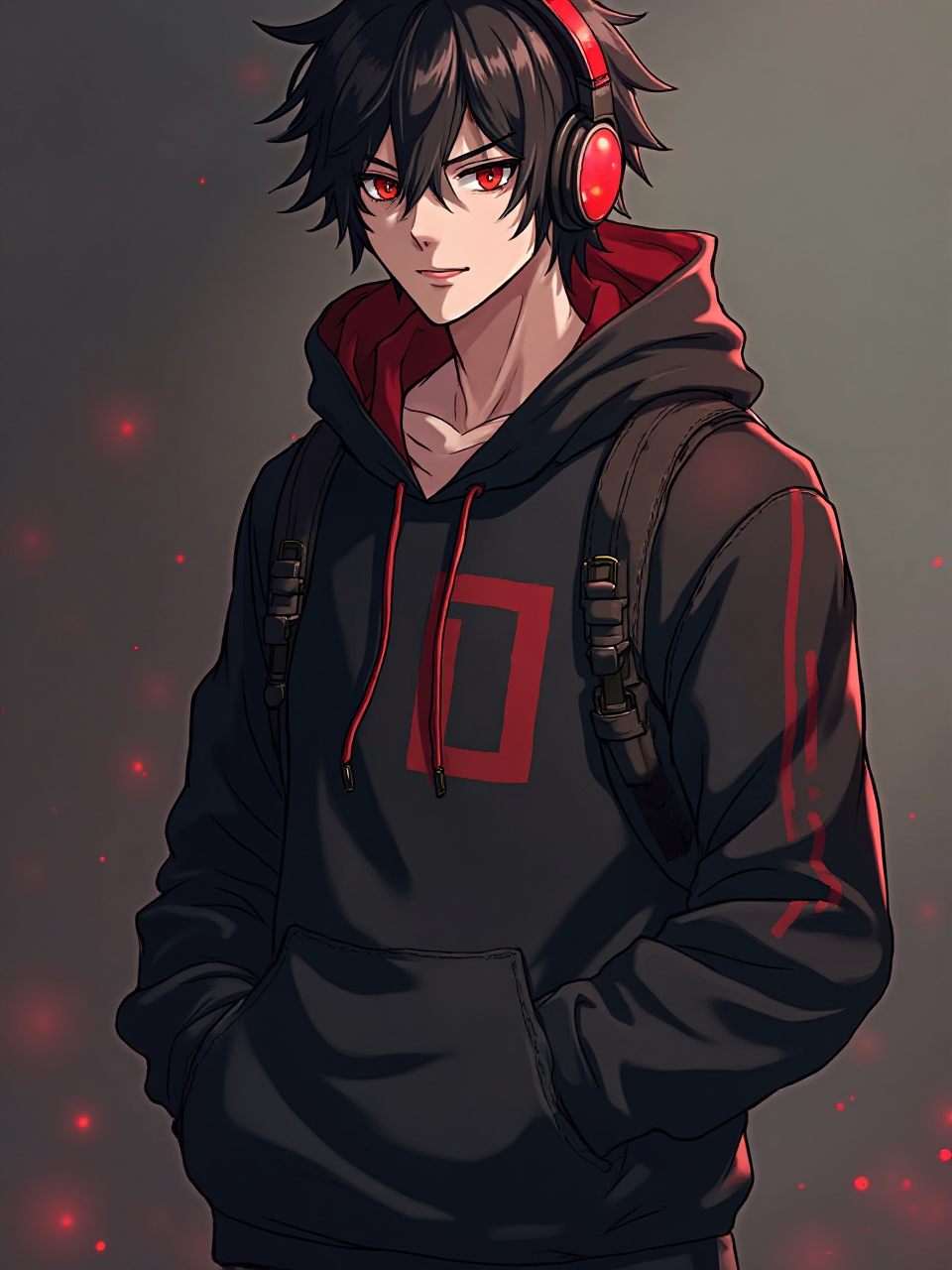 Un affascinante ragazzo con cappuccio nero e accenti rossi, image size:960x1280