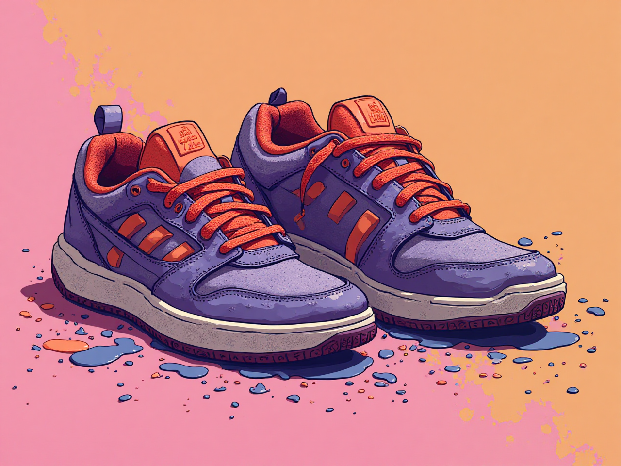鮮やかな抽象的な背景の下でカラフルなスニーカー